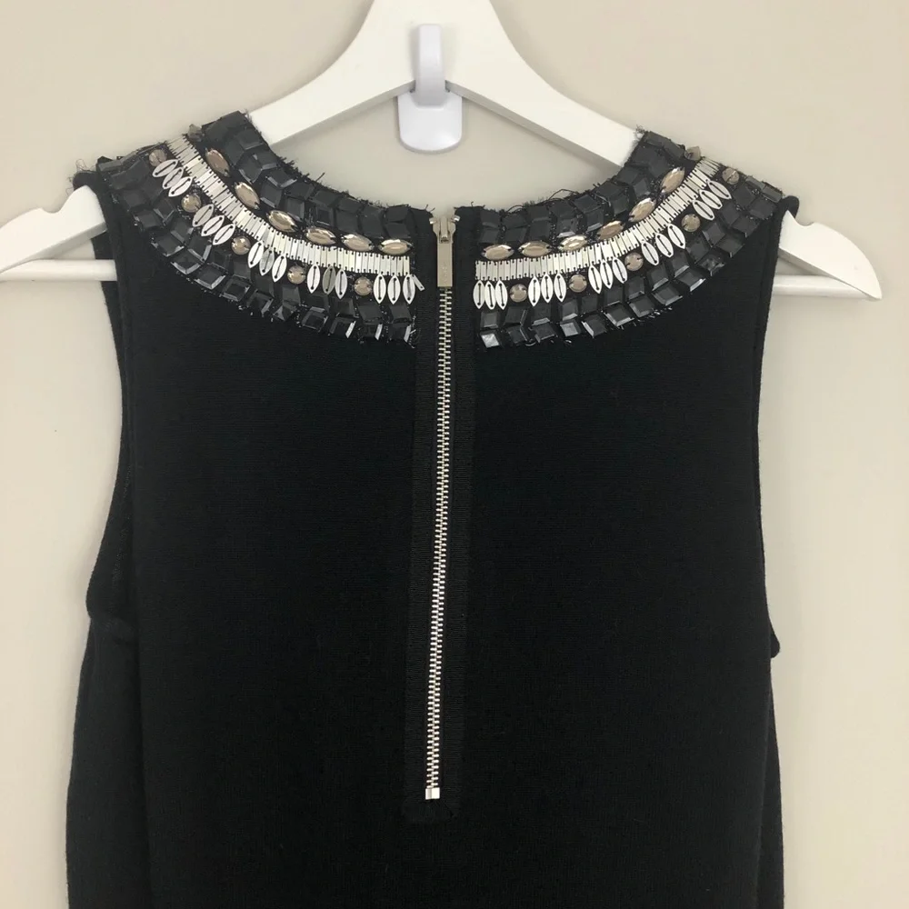 Tory Burch Jet Black Dress Embellished Neck 100% Merino Wool
